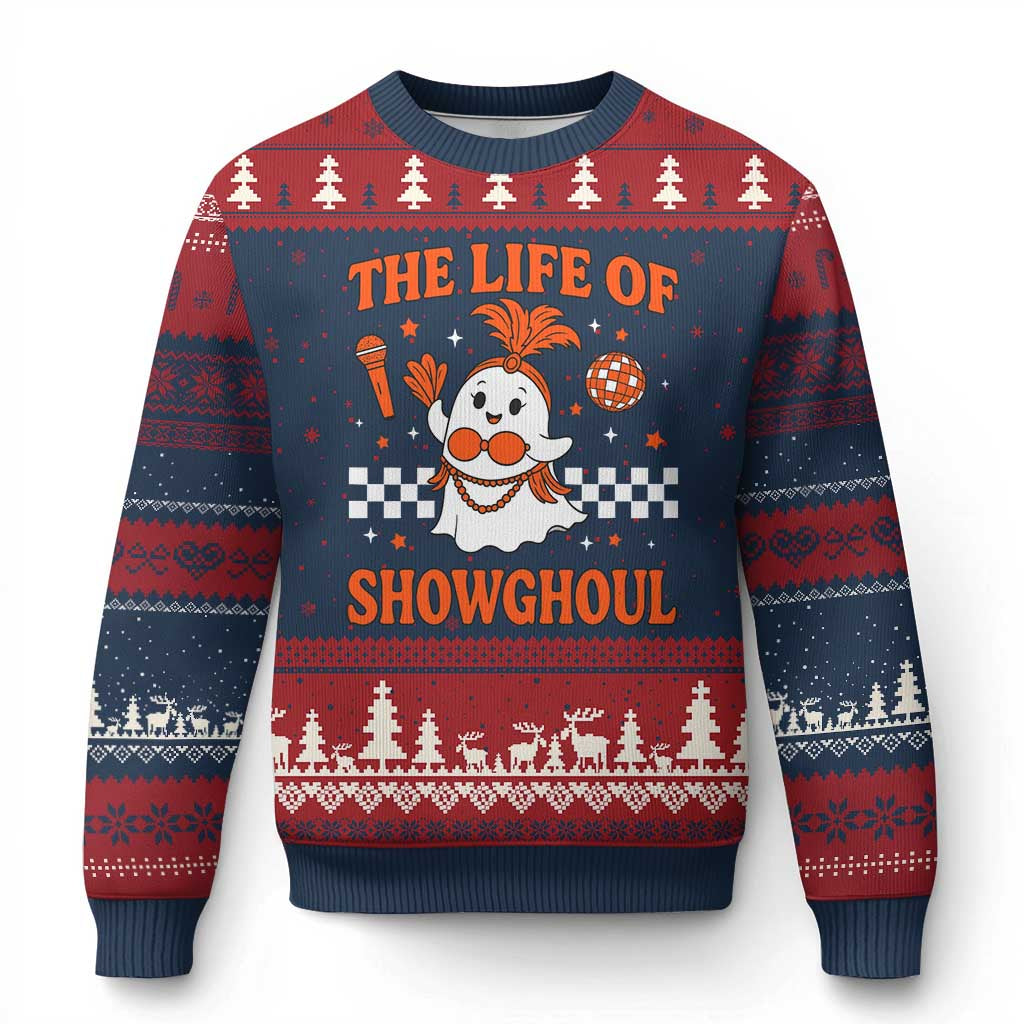 Funny Halloween Costume Showgirl Ugly Christmas Sweater The Life of A Showghoul Cute Ghost TS10 Navy Red Print Your Wear