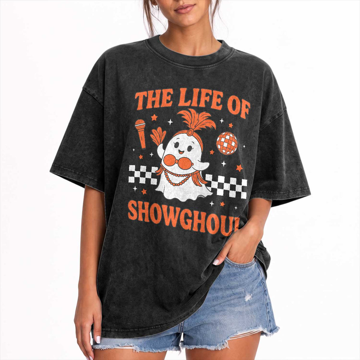 Funny Halloween Costume Showgirl Washed Cotton T-Shirt The Life of A Showghoul Cute Ghost