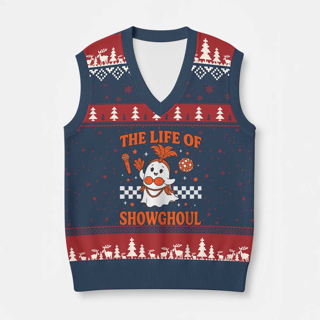 Funny Halloween Costume Showgirl V-Neck Knit Sweater Vest The Life of A Showghoul Cute Ghost TS10 Navy Red Print Your Wear