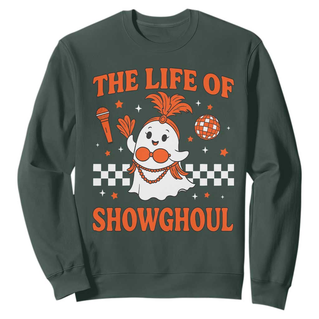 Funny Halloween Costume Showgirl Sweatshirt The Life of A Showghoul Cute Ghost TS10 Dark Forest Green Print Your Wear