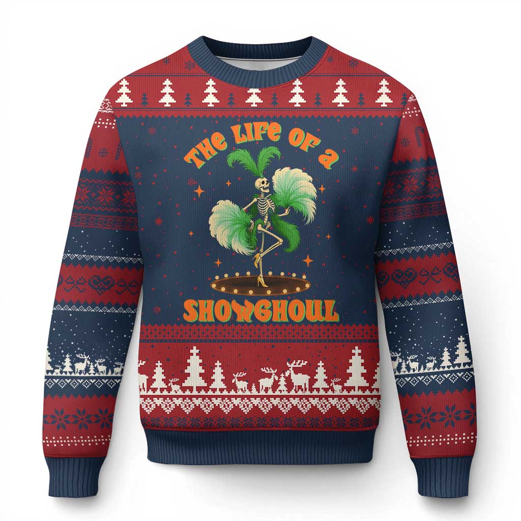 Funny Halloween Costume Showgirl Ugly Christmas Sweater The Life of A Showghoul Slay Skeleton Girl TS10 Navy Red Print Your Wear
