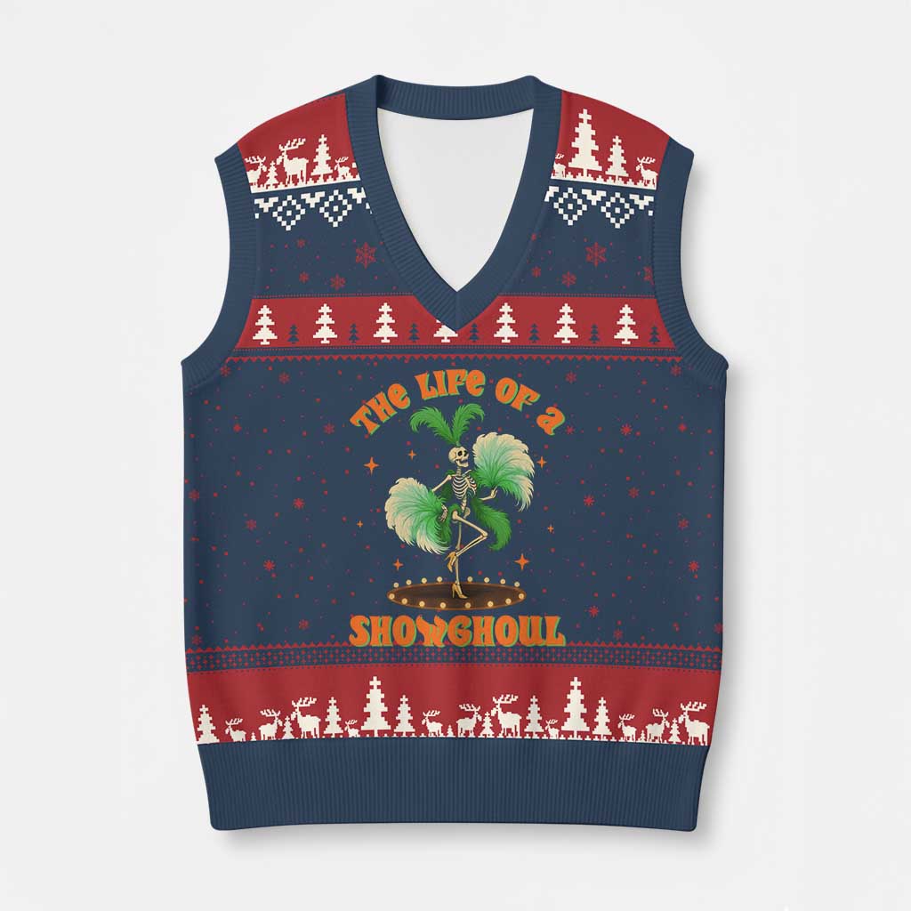 Funny Halloween Costume Showgirl V-Neck Knit Sweater Vest The Life of A Showghoul Slay Skeleton Girl TS10 Navy Red Print Your Wear