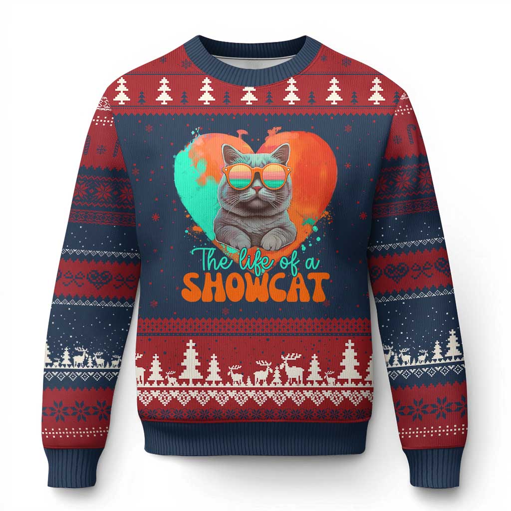 The Life Of A Showcat Ugly Christmas Sweater Funny Cat Showgirl Era Heart Shape TS10 Navy Red Print Your Wear