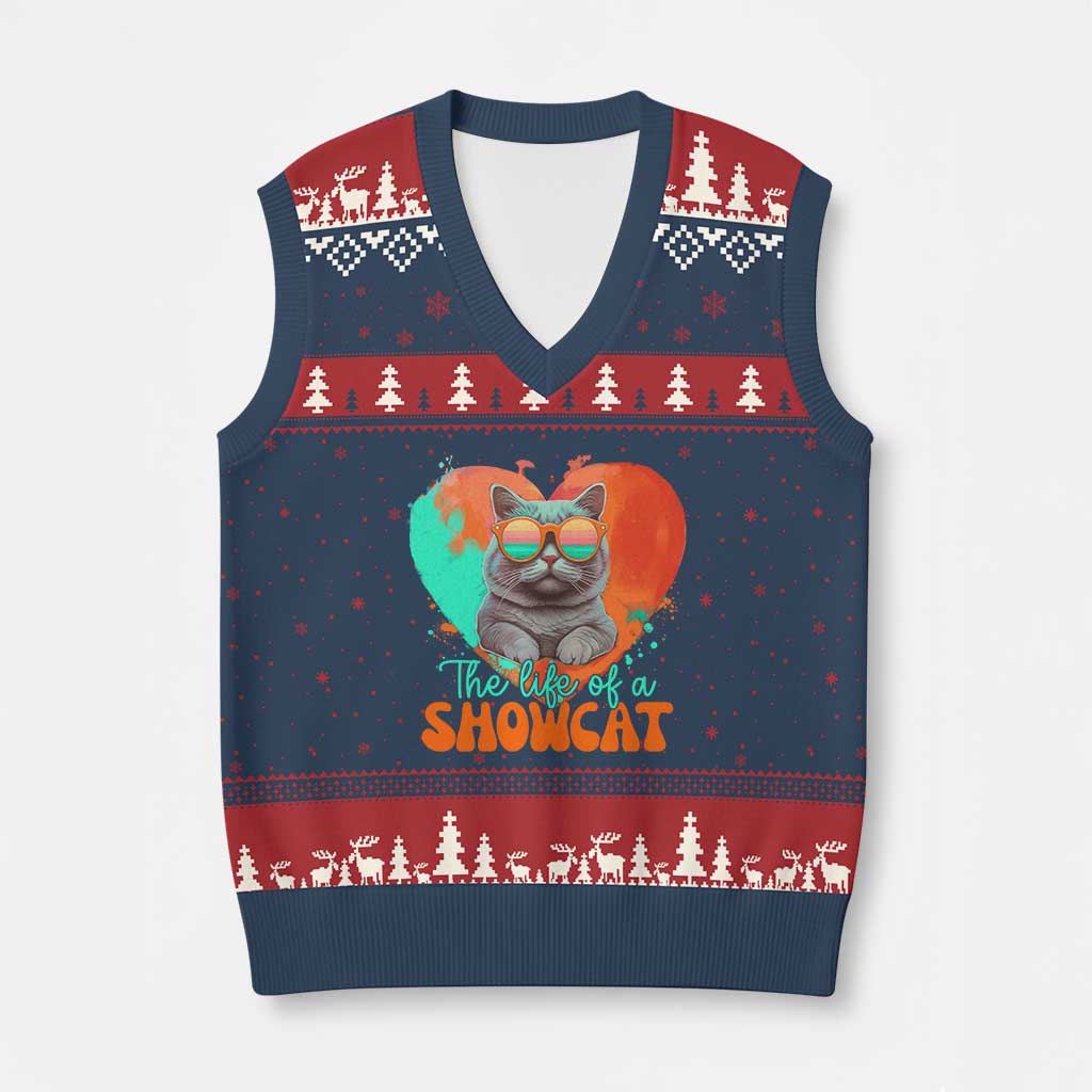 The Life Of A Showcat V-Neck Knit Sweater Vest Funny Cat Showgirl Era Heart Shape TS10 Navy Red Print Your Wear