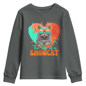 The Life Of A Showcat Youth Sweatshirt Funny Cat Showgirl Era Heart Shape TS10 Dark Heather Print Your Wear