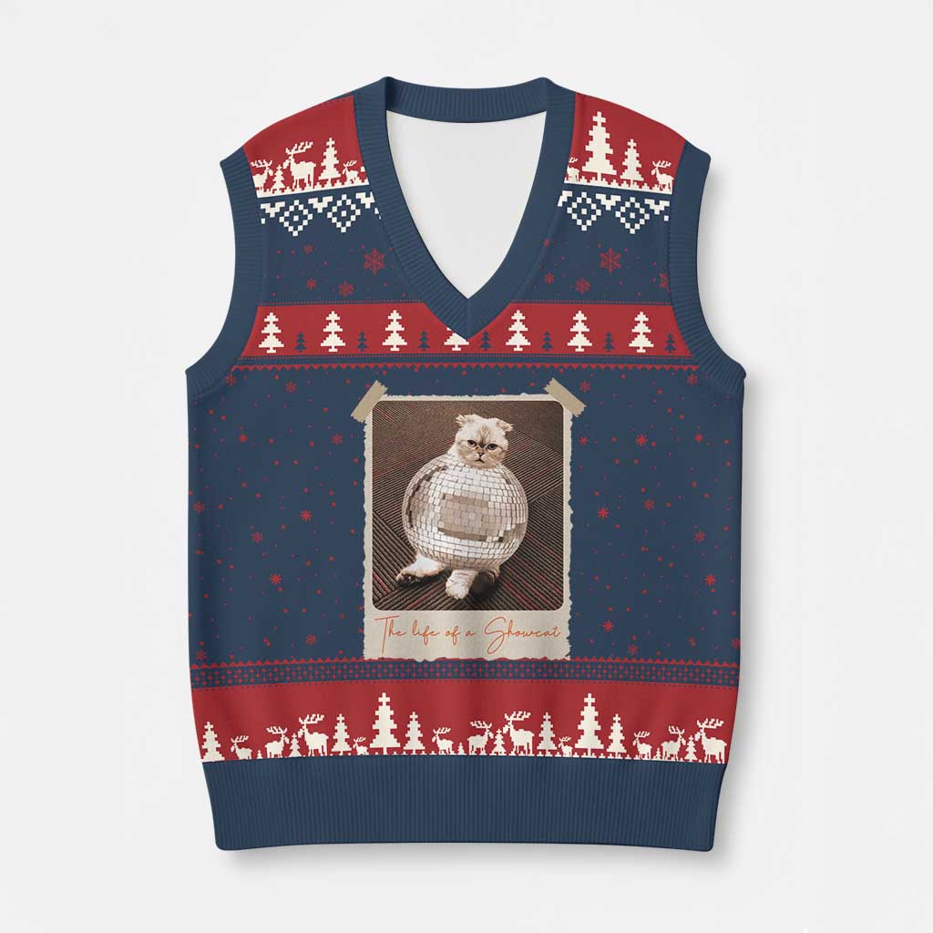 The Life Of A Showcat V-Neck Knit Sweater Vest Funny Vintage Photo Cat Era TS10 Navy Red Print Your Wear