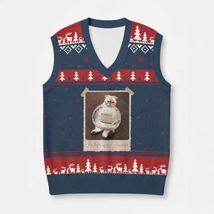 The Life Of A Showcat V-Neck Knit Sweater Vest Funny Vintage Photo Cat Era TS10 Navy Red Print Your Wear
