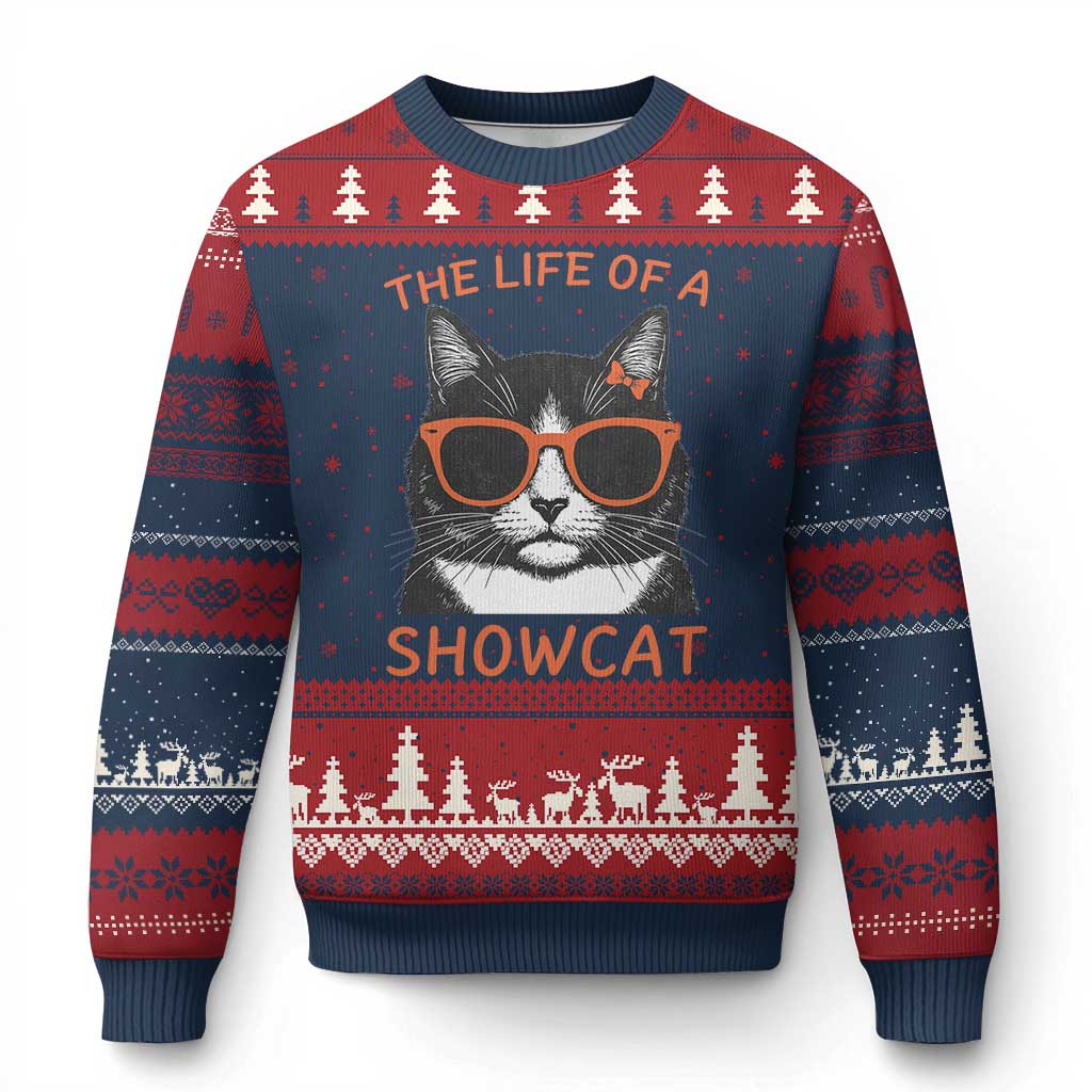 The Life Of A Showcat Ugly Christmas Sweater Funny Cat Showgirl Era TS10 Navy Red Print Your Wear