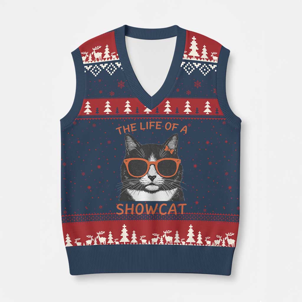 The Life Of A Showcat V-Neck Knit Sweater Vest Funny Cat Showgirl Era TS10 Navy Red Print Your Wear