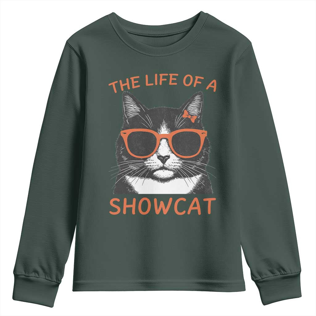 The Life Of A Showcat Youth Sweatshirt Funny Cat Showgirl Era TS10 Dark Forest Green Print Your Wear
