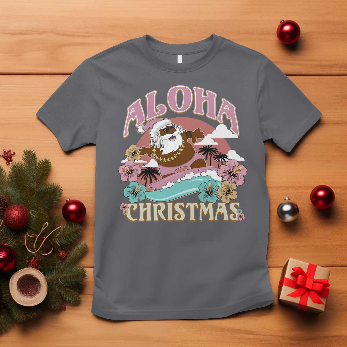 Hawaii Christmas T Shirt Retro African American Surfing Santa With Tattoos Aloha Christmas TS10 Charcoal Print Your Wear