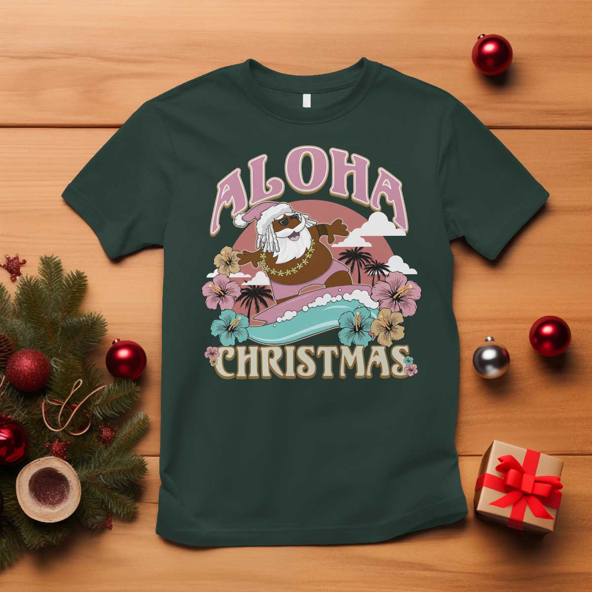 Hawaii Christmas T Shirt Retro African American Surfing Santa With Tattoos Aloha Christmas TS10 Dark Forest Green Print Your Wear