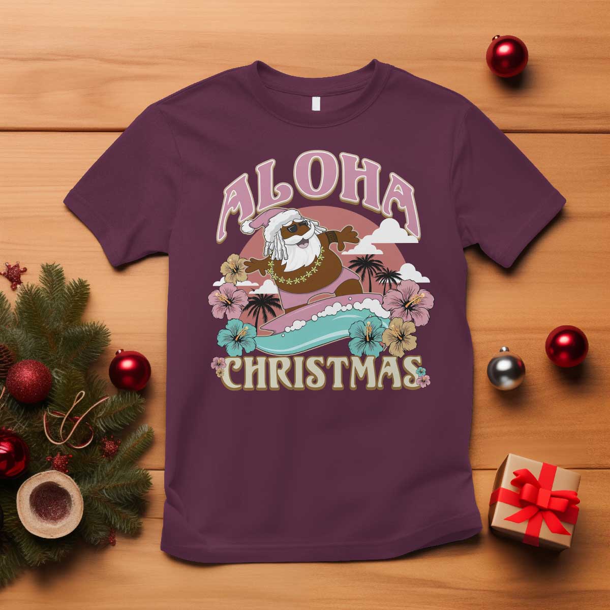 Hawaii Christmas T Shirt Retro African American Surfing Santa With Tattoos Aloha Christmas TS10 Maroon Print Your Wear