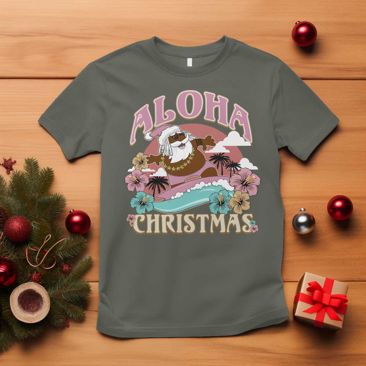Hawaii Christmas T Shirt Retro African American Surfing Santa With Tattoos Aloha Christmas TS10 Military Green Print Your Wear