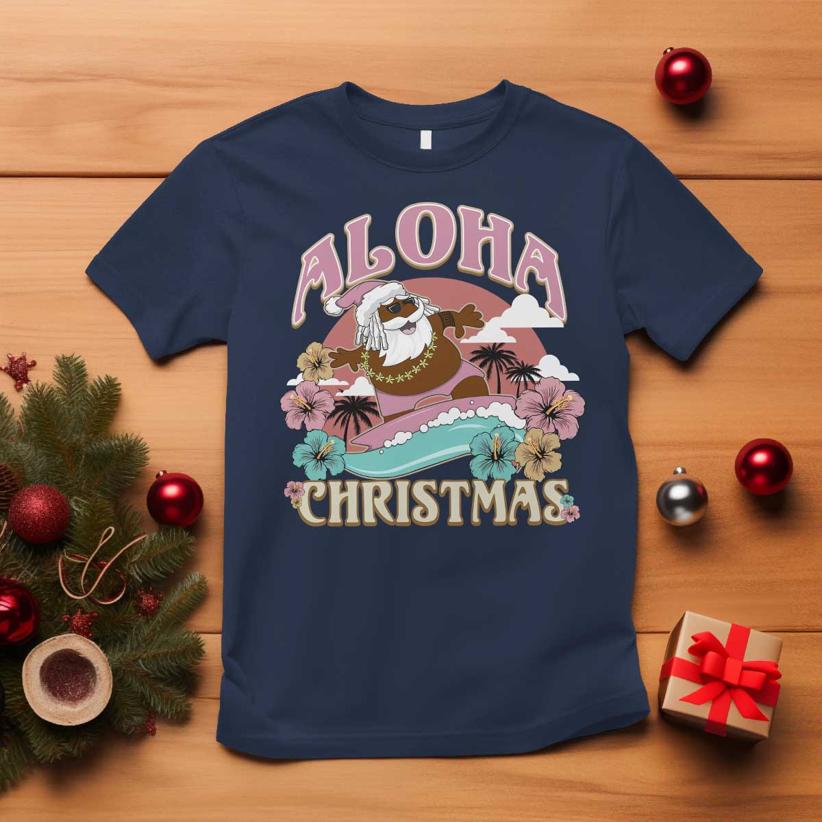 Hawaii Christmas T Shirt Retro African American Surfing Santa With Tattoos Aloha Christmas TS10 Navy Print Your Wear