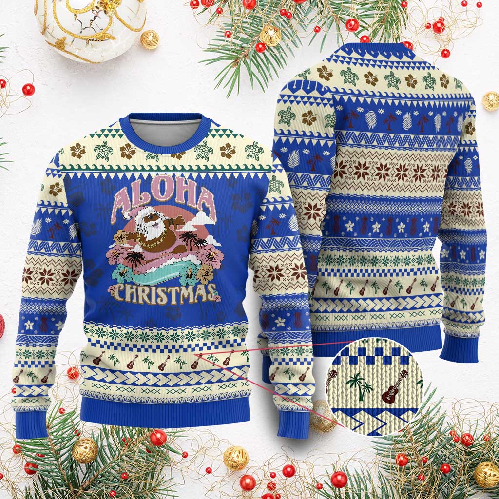 Hawaii Ugly Christmas Sweater Retro African American Surfing Santa With Tattoos Aloha Christmas TS10 Blue Print Your Wear