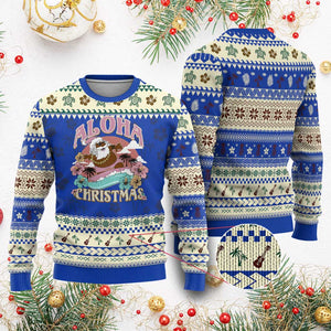 Hawaii Ugly Christmas Sweater Retro African American Surfing Santa With Tattoos Aloha Christmas TS10 Blue Print Your Wear