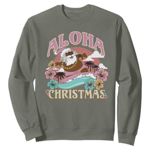 Hawaii Christmas Sweatshirt Retro African American Surfing Santa With Tattoos Aloha Christmas TS10 Military Green Print Your Wear