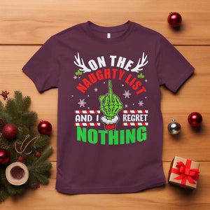 Funny Xmas T Shirt On The List Of Naughty And I Regret Nothing Christmas TS10 Maroon Print Your Wear