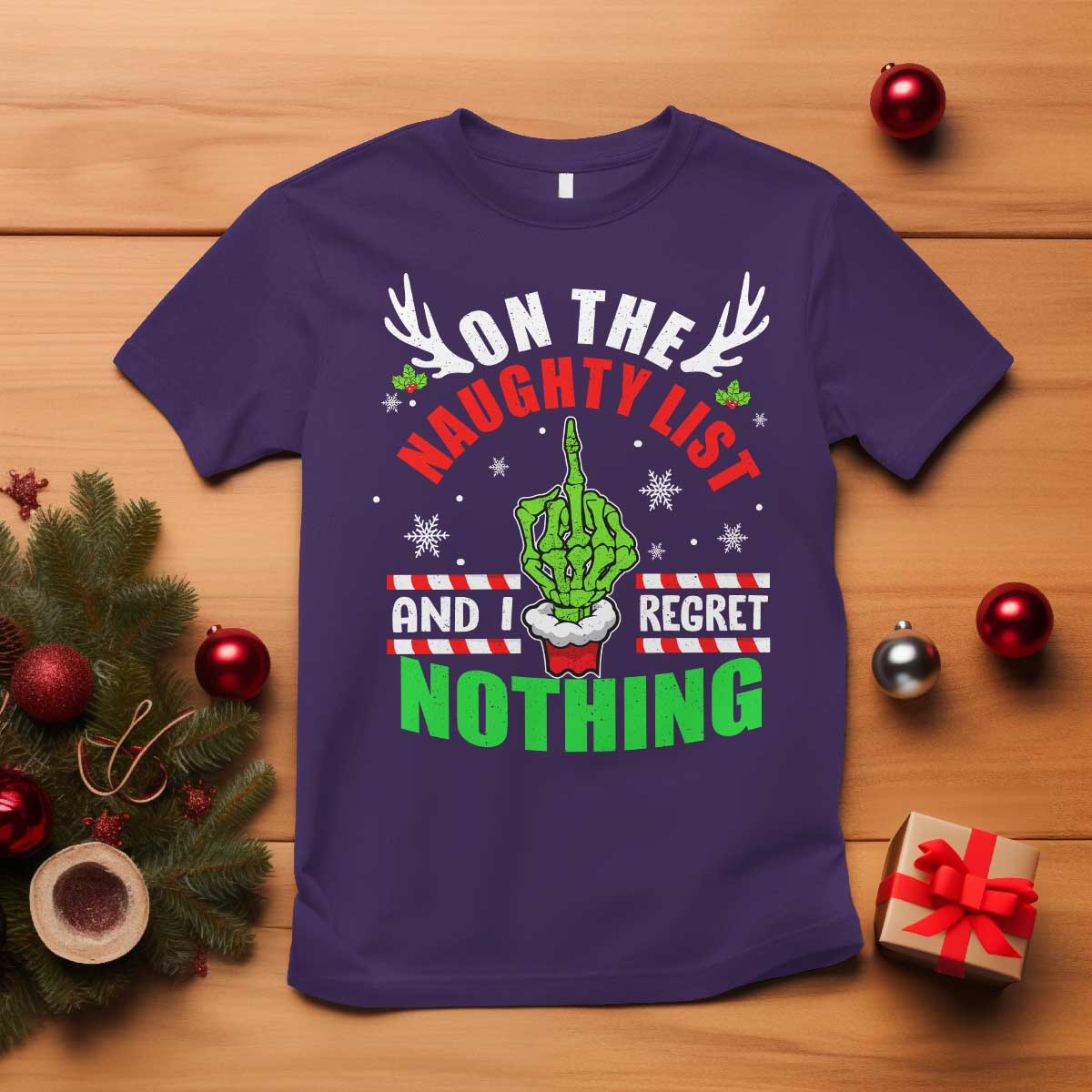 Funny Xmas T Shirt On The List Of Naughty And I Regret Nothing Christmas TS10 Purple Print Your Wear