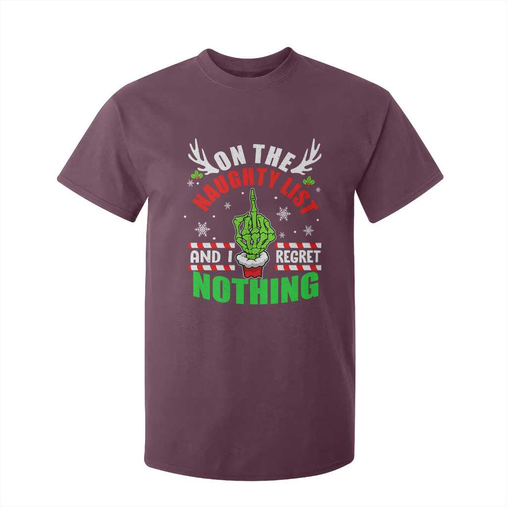 Funny Xmas T Shirt For Kid On The List Of Naughty And I Regret Nothing Christmas TS10 Maroon Print Your Wear