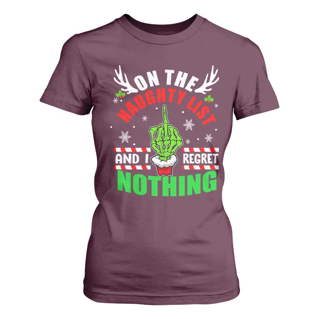 Funny Xmas T Shirt For Women On The List Of Naughty And I Regret Nothing Christmas TS10 Maroon Print Your Wear