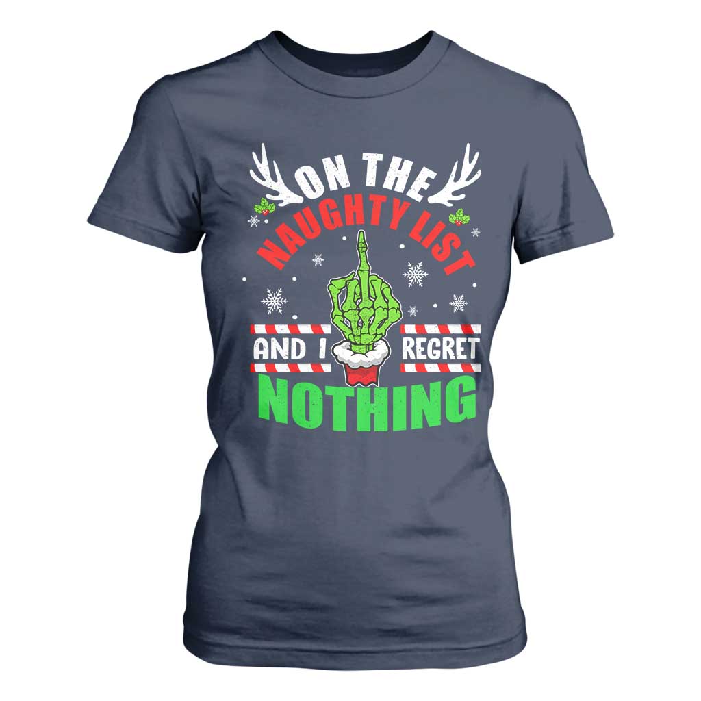 Funny Xmas T Shirt For Women On The List Of Naughty And I Regret Nothing Christmas TS10 Navy Print Your Wear