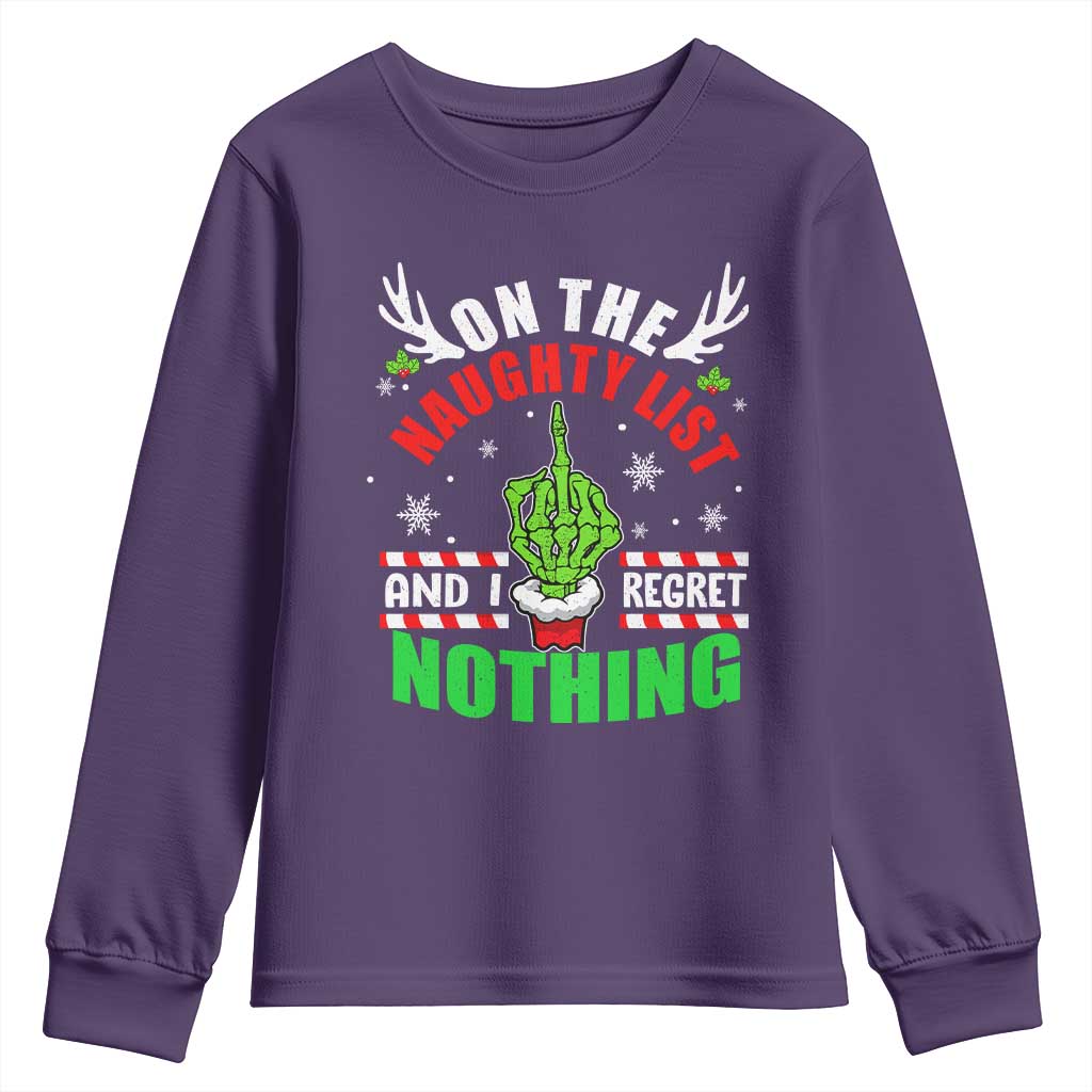 Funny Xmas Youth Sweatshirt On The List Of Naughty And I Regret Nothing Christmas TS10 Purple Print Your Wear