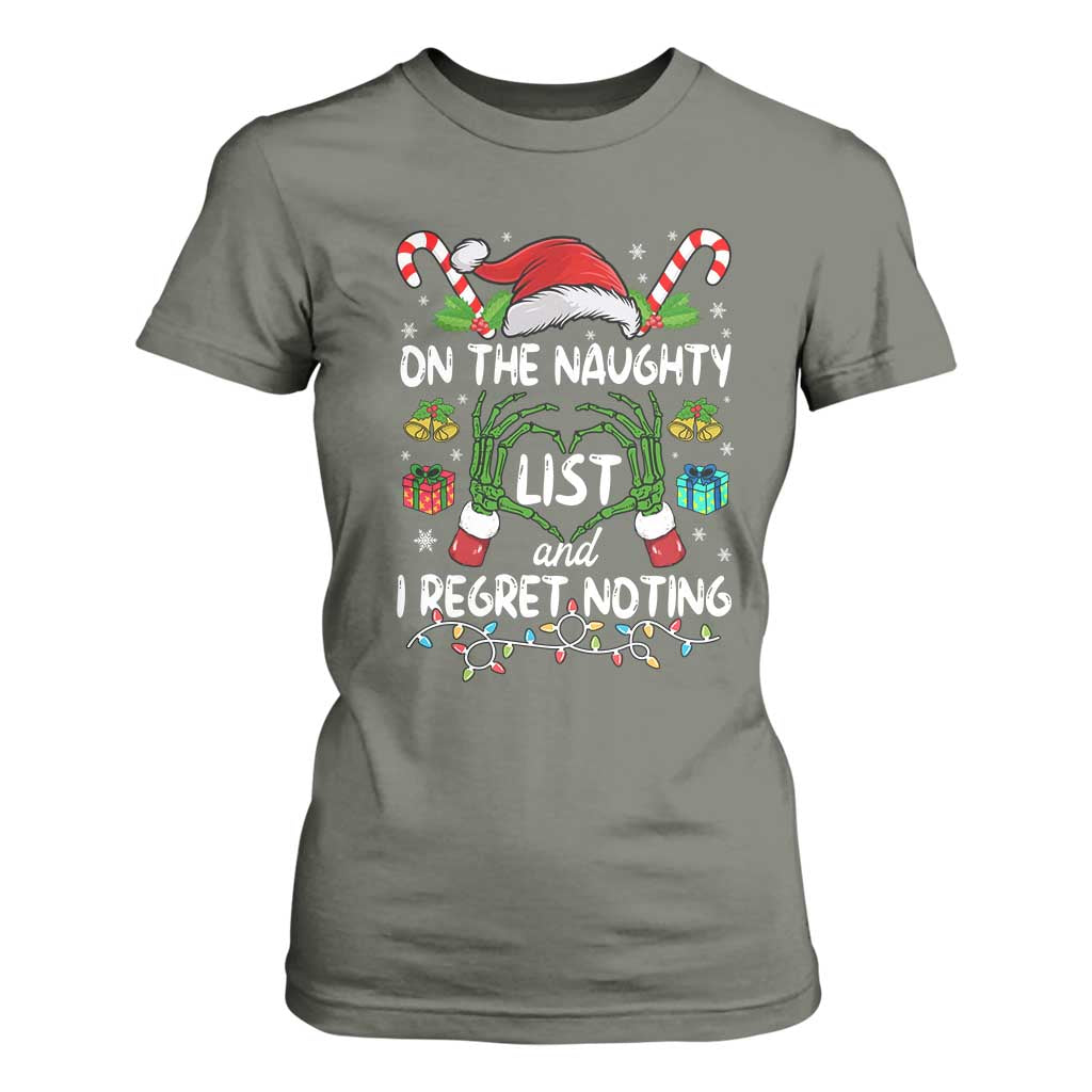 Funny Christmas T Shirt For Women On The Naughty List And I Regret Nothing TS10 Military Green Print Your Wear