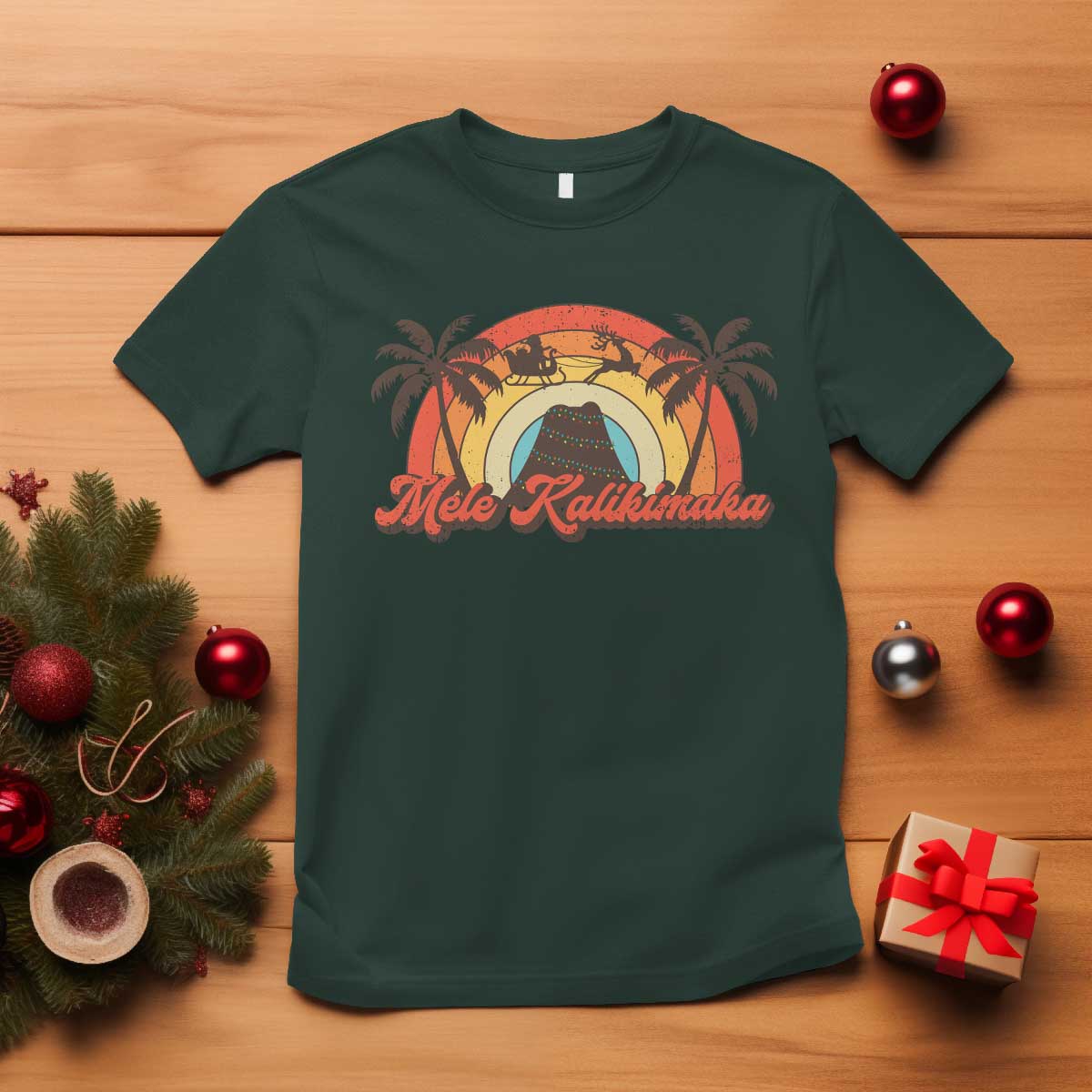 Hawaii Christmas T Shirt Mele Kalikimaka Retro Hawaiian Island Palm Tree Xmas Lights TS10 Dark Forest Green Print Your Wear