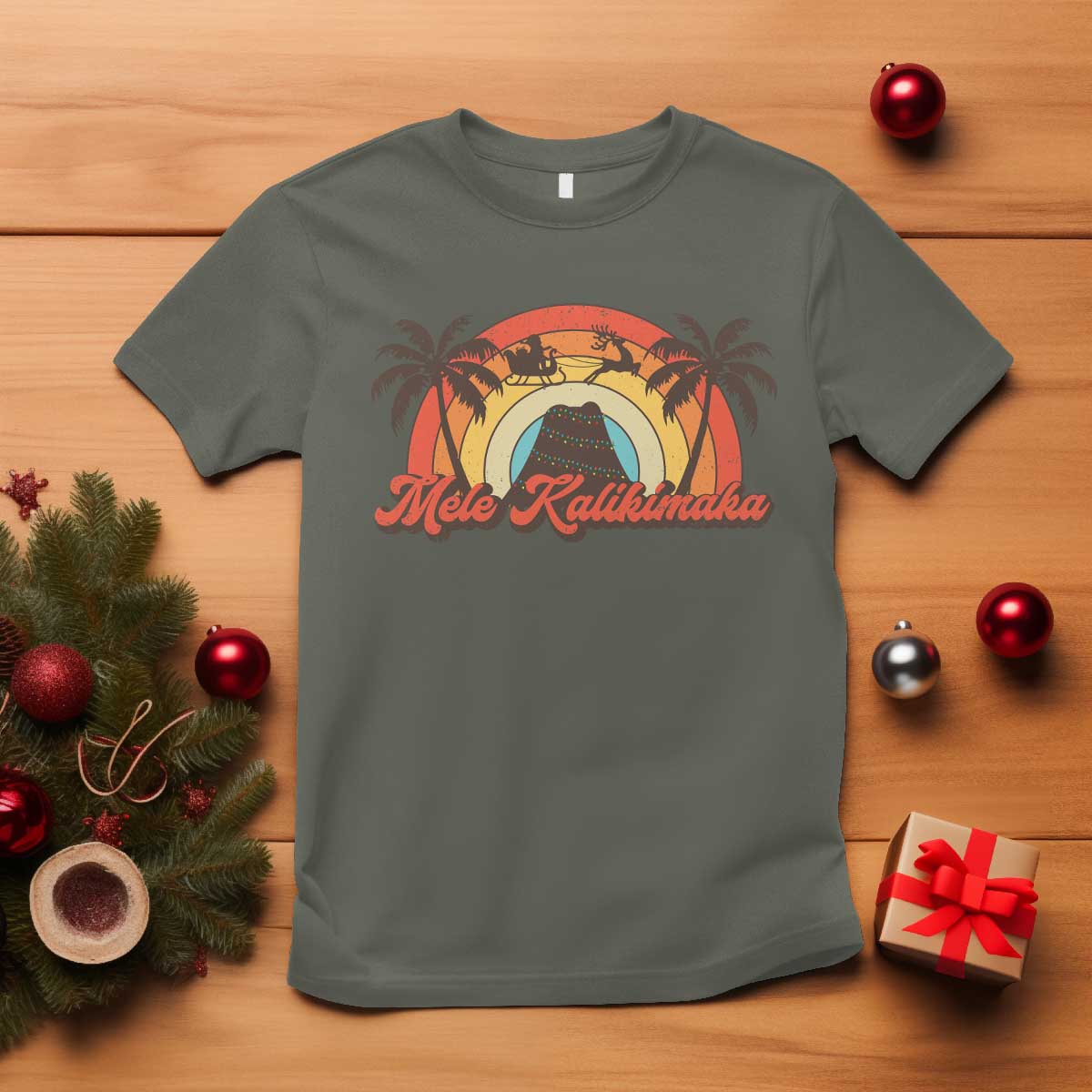Hawaii Christmas T Shirt Mele Kalikimaka Retro Hawaiian Island Palm Tree Xmas Lights TS10 Military Green Print Your Wear
