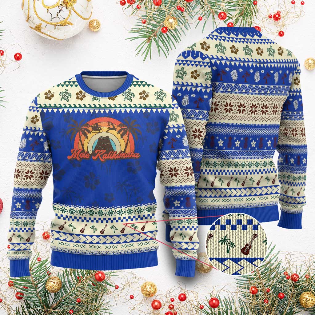Hawaii Ugly Christmas Sweater Mele Kalikimaka Retro Hawaiian Island Palm Tree Xmas Lights TS10 Blue Print Your Wear