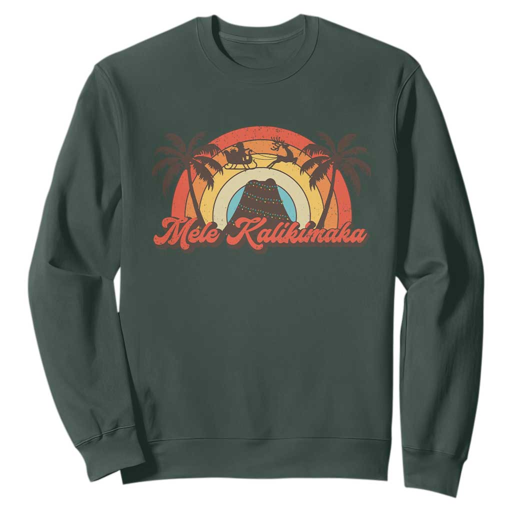 Hawaii Christmas Sweatshirt Mele Kalikimaka Retro Hawaiian Island Palm Tree Xmas Lights TS10 Dark Forest Green Print Your Wear