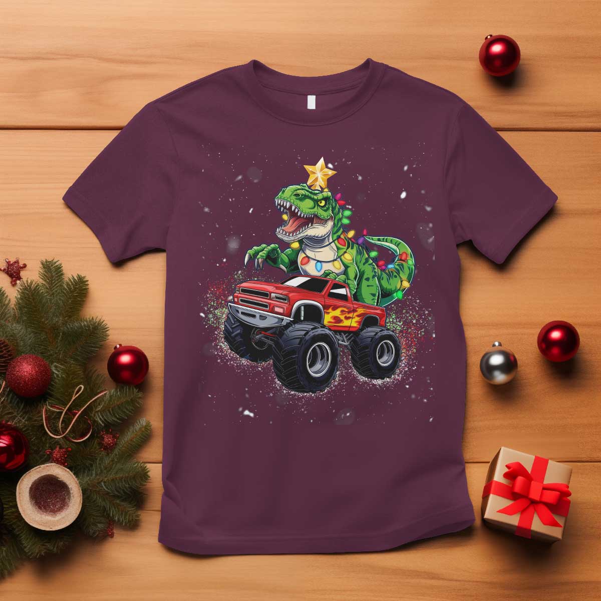 Christmas Dinosaur Monster Truck T Shirt TS10 Maroon Print Your Wear