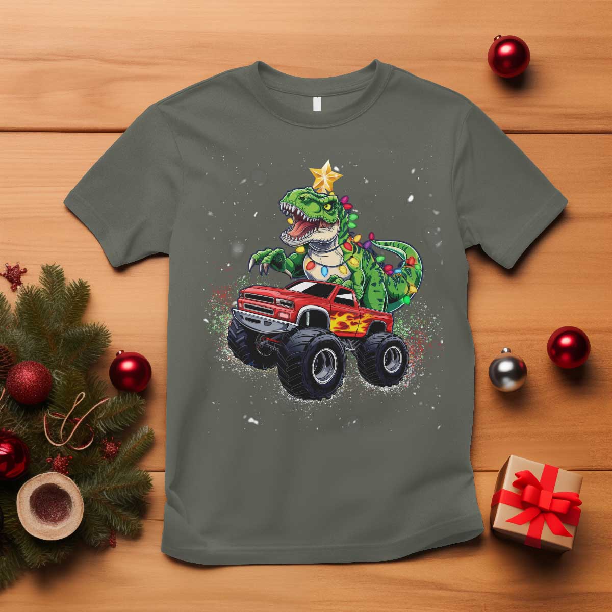 Christmas Dinosaur Monster Truck T Shirt TS10 Military Green Print Your Wear