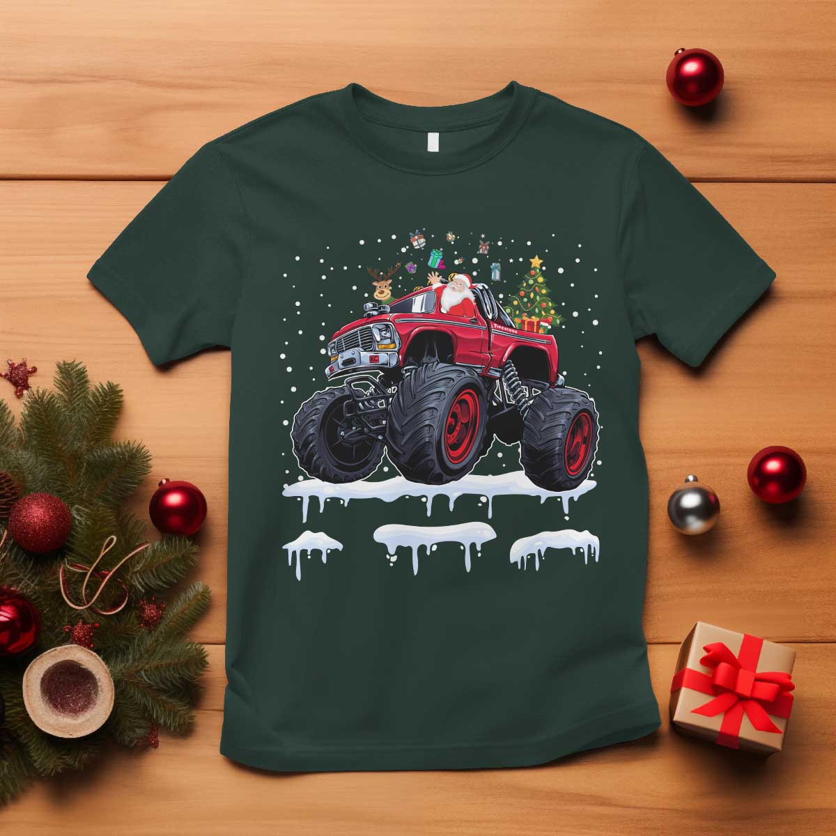 Christmas Santa Monster Truck T Shirt American Offroad Xmas Boys Kids Toddler Youth TS10 Dark Forest Green Print Your Wear