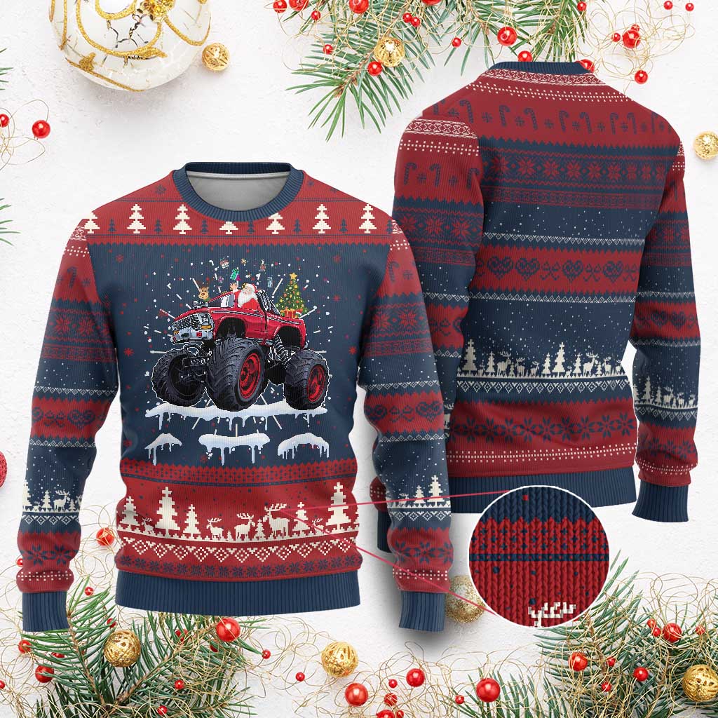 Santa Monster Truck Ugly Christmas Sweater American Offroad Xmas Boys Kids Toddler Youth TS10 Burgundy Print Your Wear