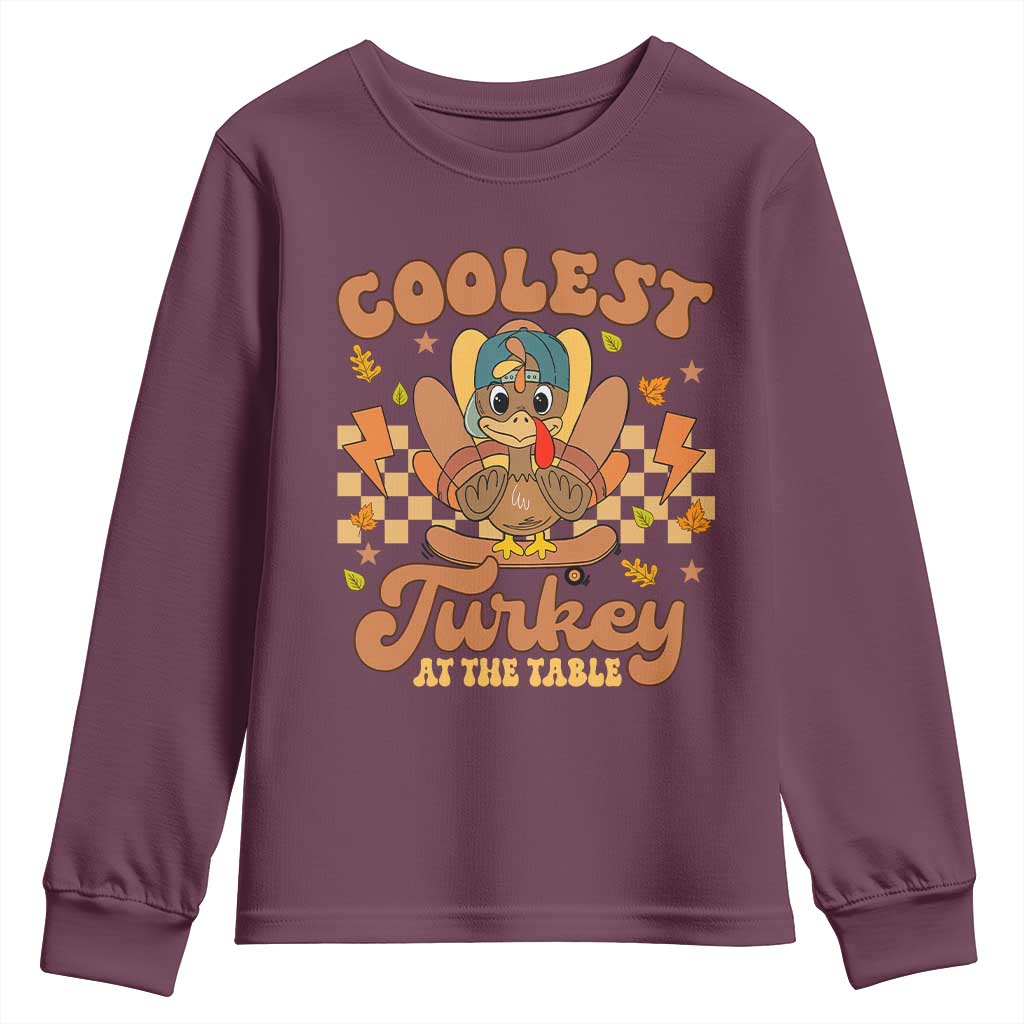 Thanksgiving Kids Youth Sweatshirt Coolest Turkey At The Table Boys Toddler Youth TS10 Maroon Print Your Wear