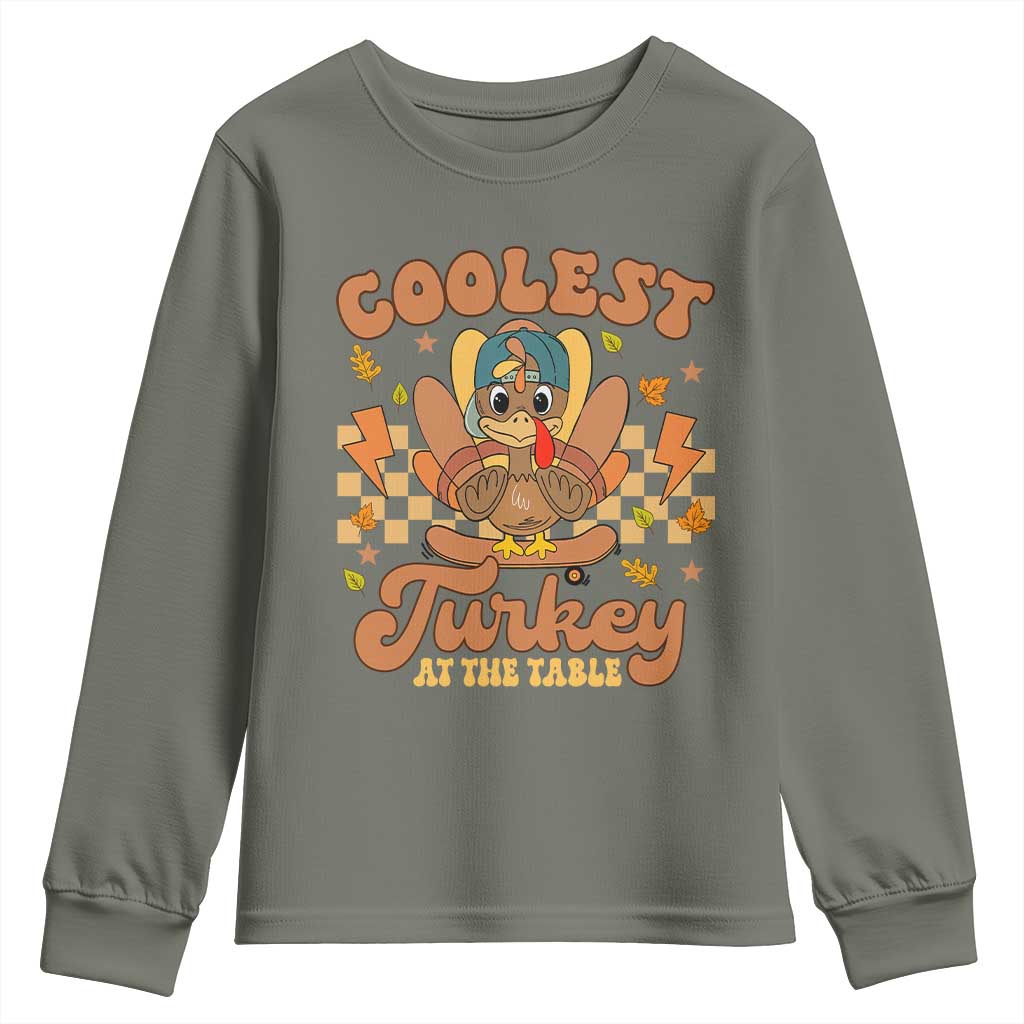 Thanksgiving Kids Youth Sweatshirt Coolest Turkey At The Table Boys Toddler Youth TS10 Military Green Print Your Wear
