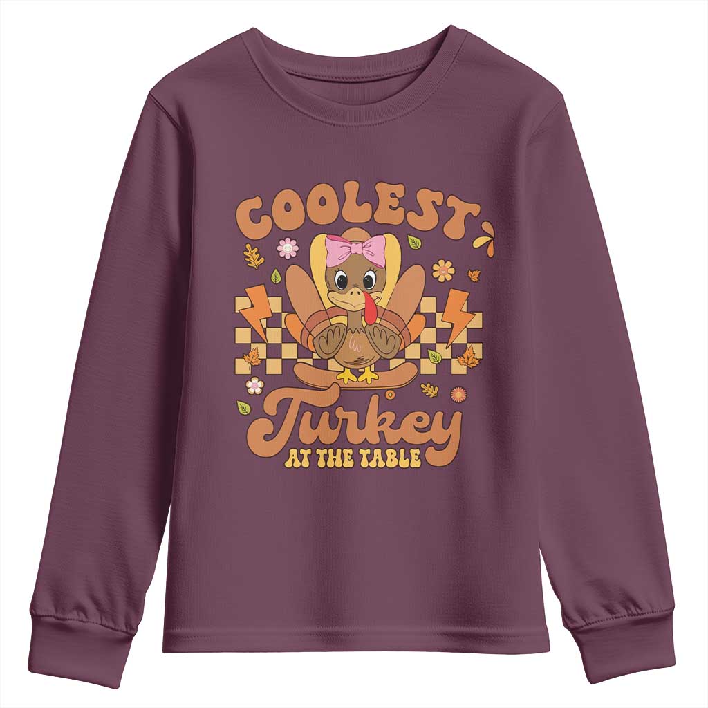 Thanksgiving Kids Youth Sweatshirt Coolest Turkey At The Table Girls Toddler Youth TS10 Maroon Print Your Wear