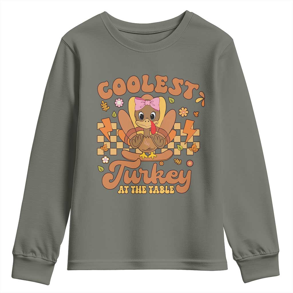 Thanksgiving Kids Youth Sweatshirt Coolest Turkey At The Table Girls Toddler Youth TS10 Military Green Print Your Wear