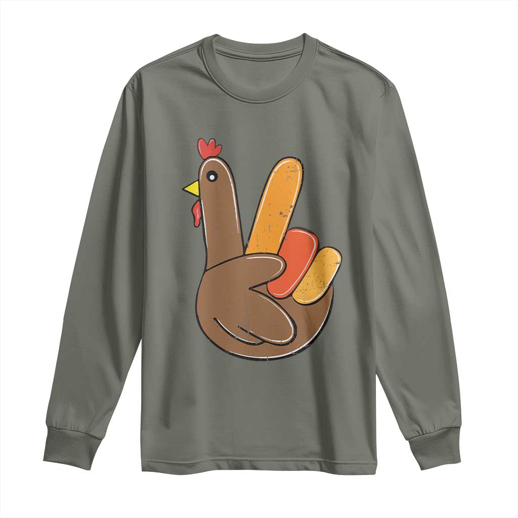 Thanksgiving Long Sleeve Shirt Peace Sign Turkey Hand Cool Thanksgiving Hippie TS10 Military Green Print Your Wear