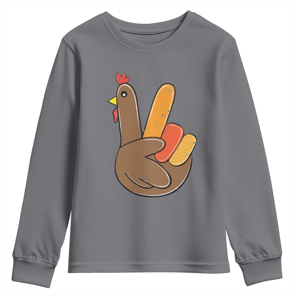 Thanksgiving Youth Sweatshirt Peace Sign Turkey Hand Cool Thanksgiving Hippie TS10 Charcoal Print Your Wear