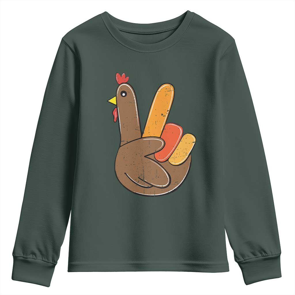 Thanksgiving Youth Sweatshirt Peace Sign Turkey Hand Cool Thanksgiving Hippie TS10 Dark Forest Green Print Your Wear