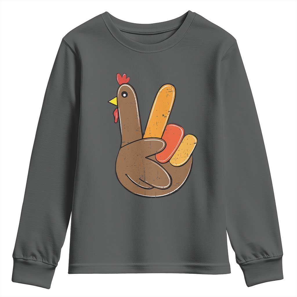 Thanksgiving Youth Sweatshirt Peace Sign Turkey Hand Cool Thanksgiving Hippie TS10 Dark Heather Print Your Wear