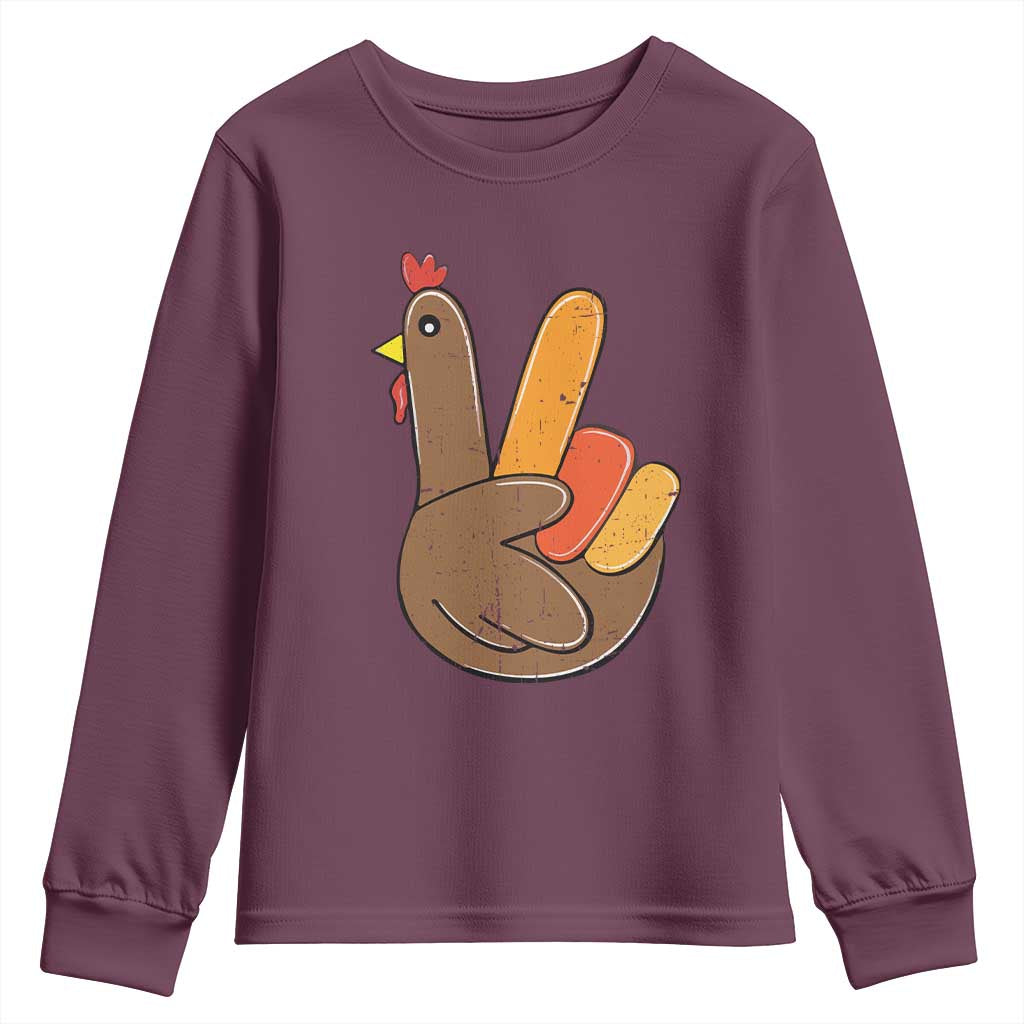 Thanksgiving Youth Sweatshirt Peace Sign Turkey Hand Cool Thanksgiving Hippie TS10 Maroon Print Your Wear