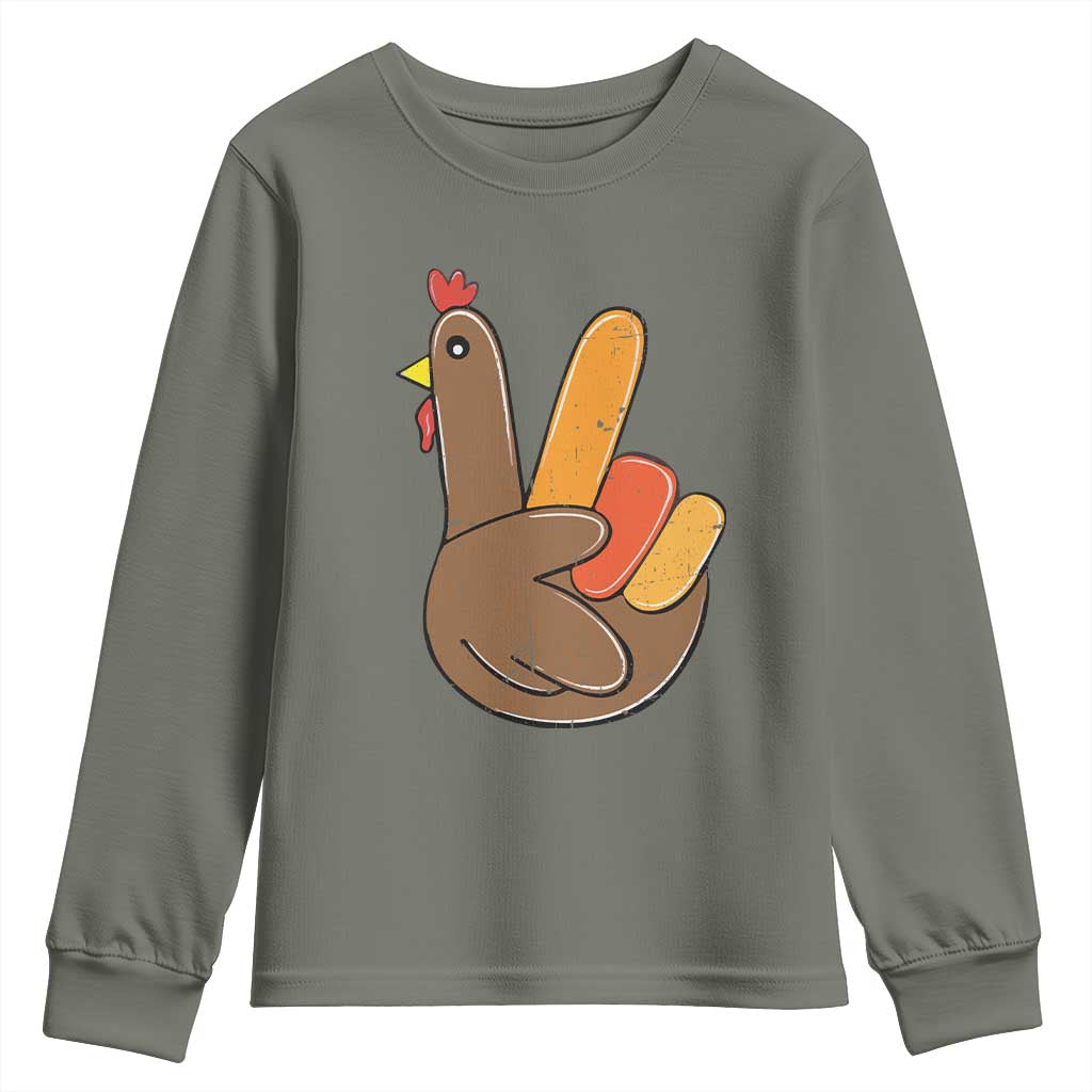 Thanksgiving Youth Sweatshirt Peace Sign Turkey Hand Cool Thanksgiving Hippie TS10 Military Green Print Your Wear