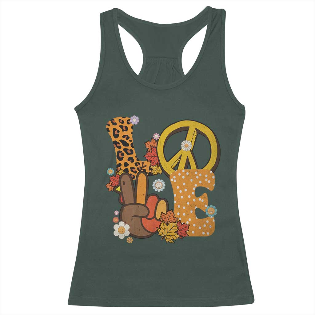 Thanksgiving Racerback Tank Top Peace Sign Love Turkey Hand TS10 Dark Forest Green Print Your Wear