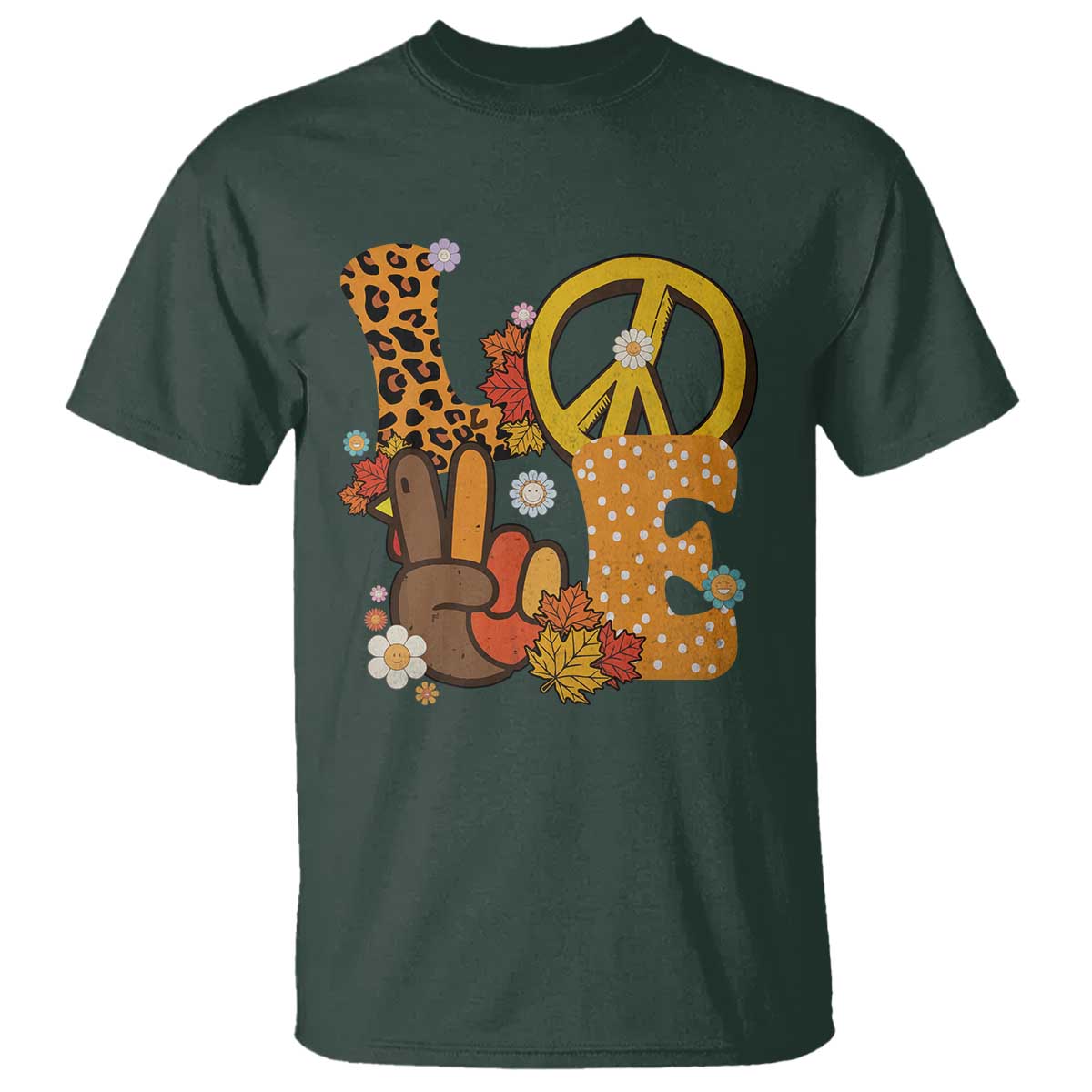 Thanksgiving T Shirt Peace Sign Love Turkey Hand TS10 Dark Forest Green Print Your Wear