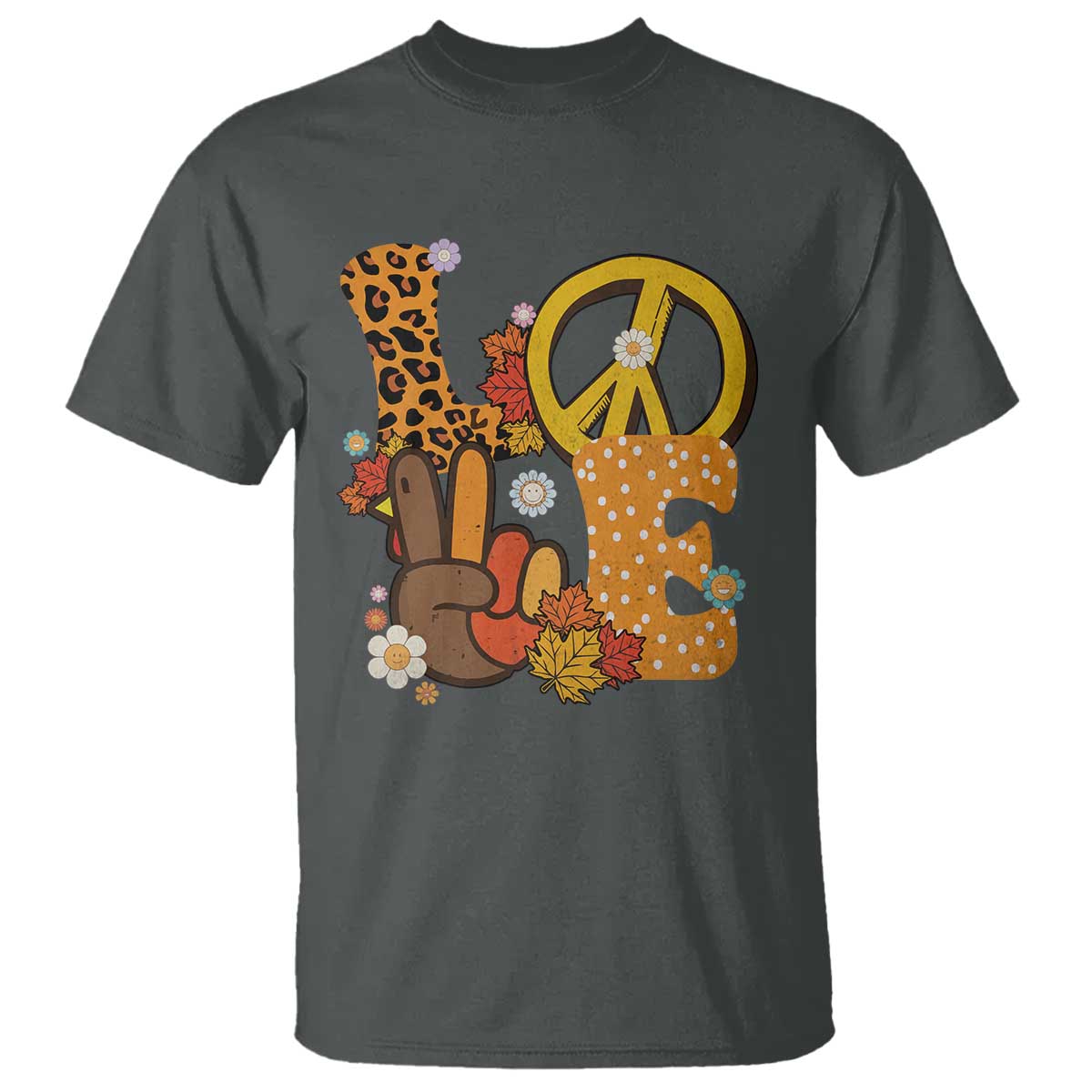 Thanksgiving T Shirt Peace Sign Love Turkey Hand TS10 Dark Heather Print Your Wear